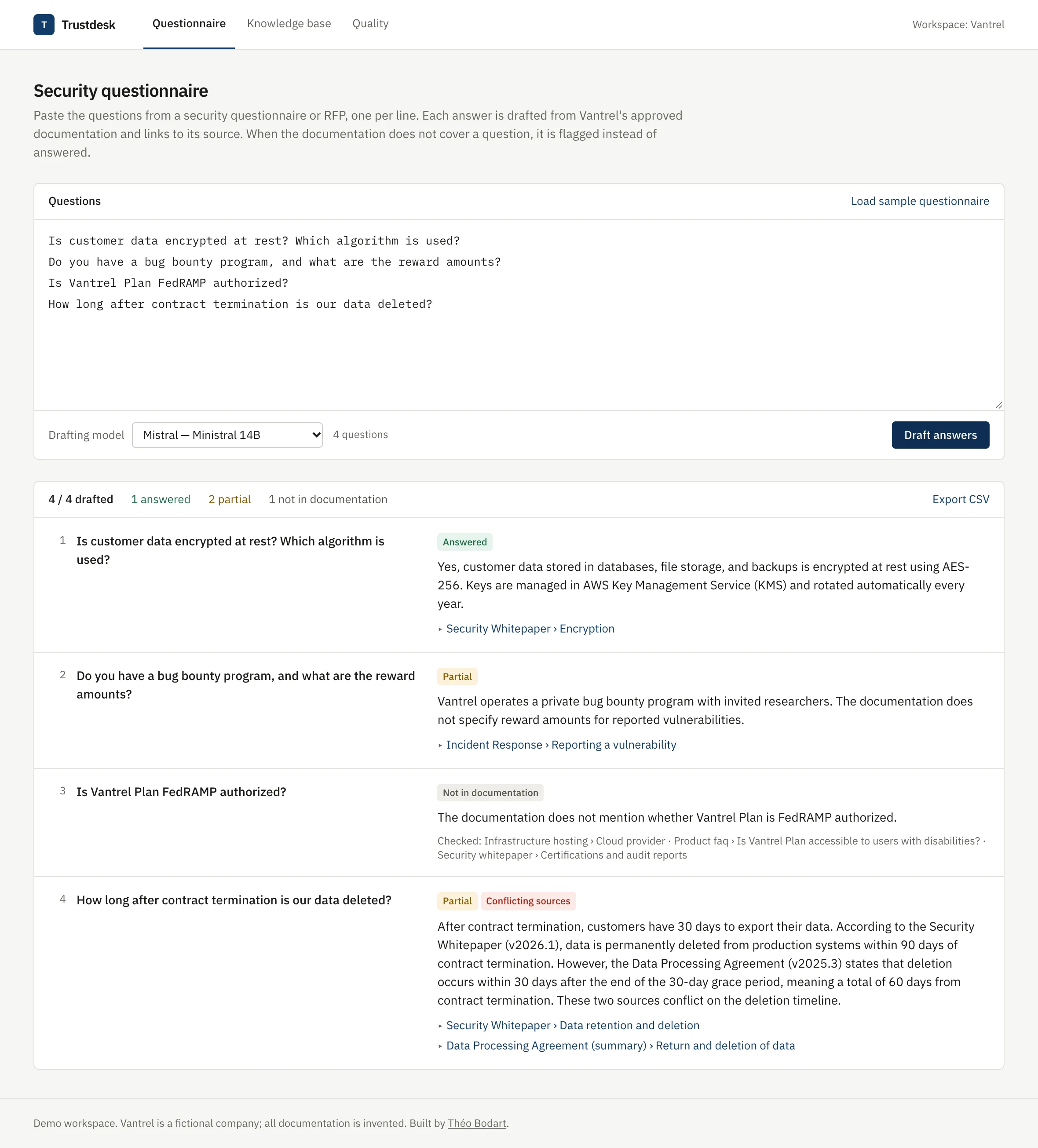 Trustdesk drafting four questionnaire answers, each with a status and its source documents